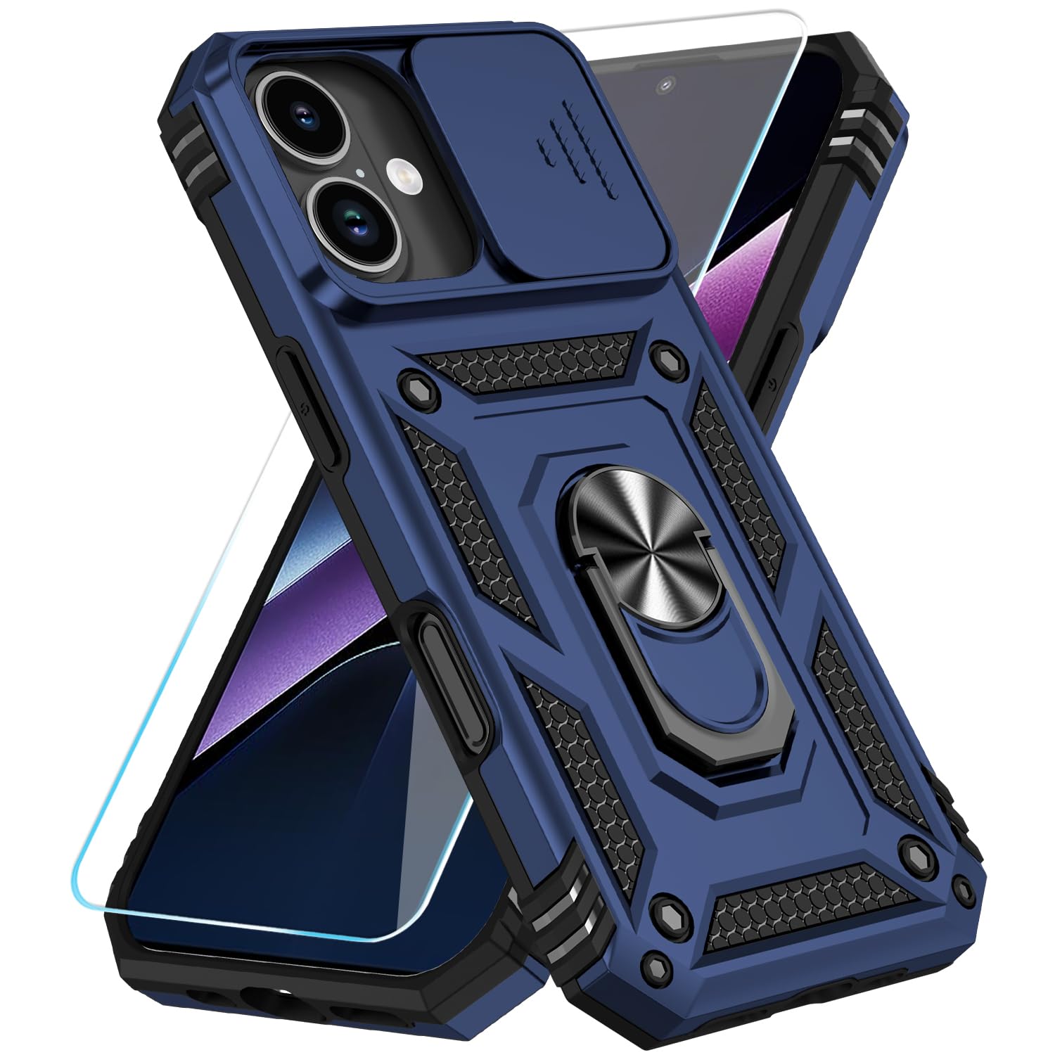 Photo 1 of SunStory Compatible with iPhone 17 Case with HD Screen Protector & Slide Camera Cover & Rotated Ring Kickstand, [Military-Grade] iPhone Case for iPhone 17,Blue