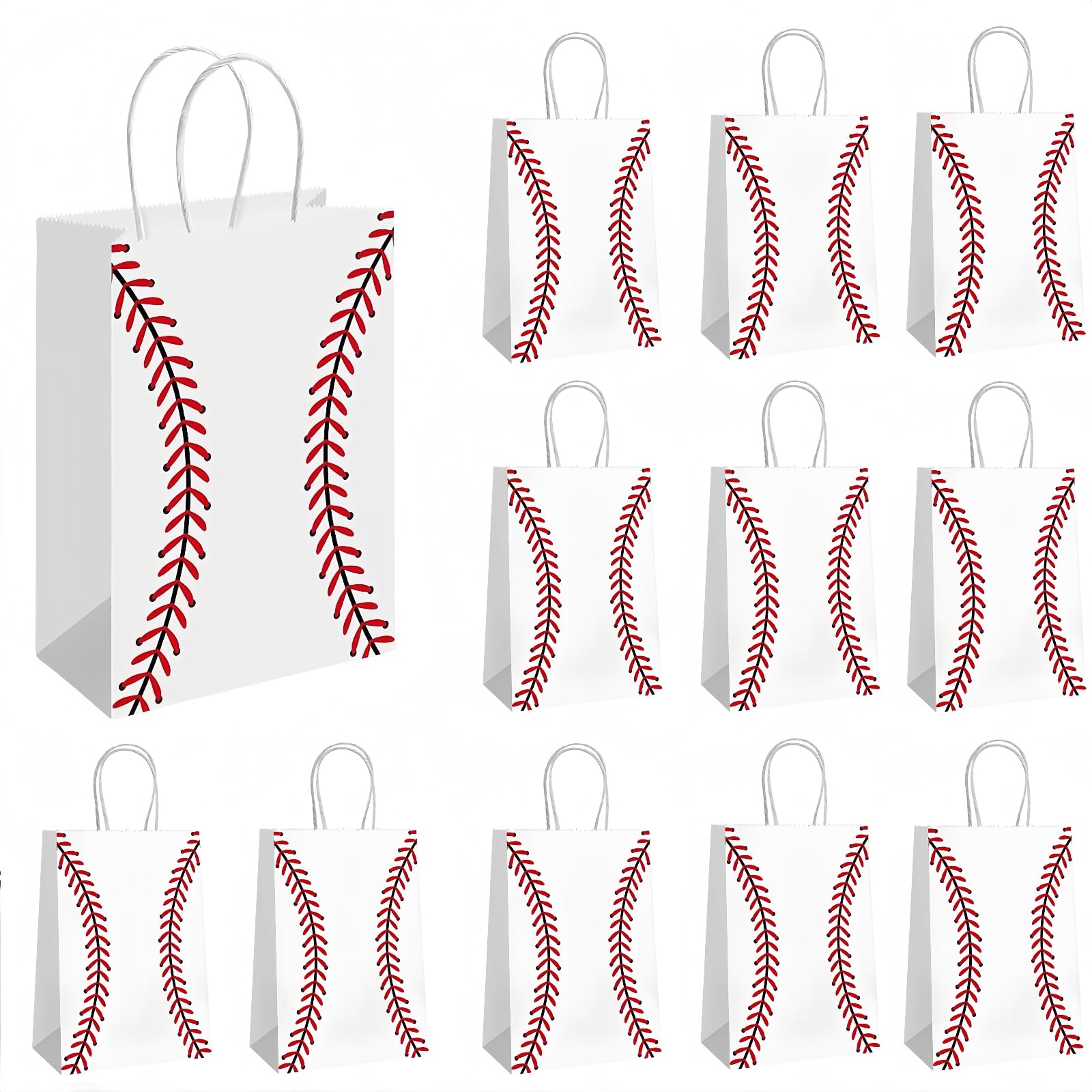Photo 1 of 12 Pack Baseball Party Favor Bags with Handles - Baseball Goodie Bags for Kids Team Snacks, Boys Birthday Party Decorations, Sports Themed Paper Gift Sacks for End of Season Treats & Coach Gifts (White)