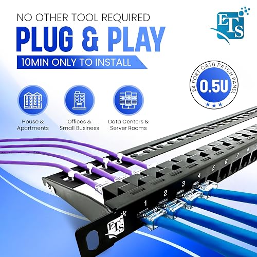 Cat6A Network Panel ETS 12 Port Cat6A Patch Panel - 1U Rack Mount ...