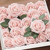 Higfra Artificial Flowers 25pcs Real Looking Blush Foam Fake Roses with Stems for DIY Wedding Bouquets White Bridal Shower Centerpieces Arrangements Mothers Day Party Tables Decorations