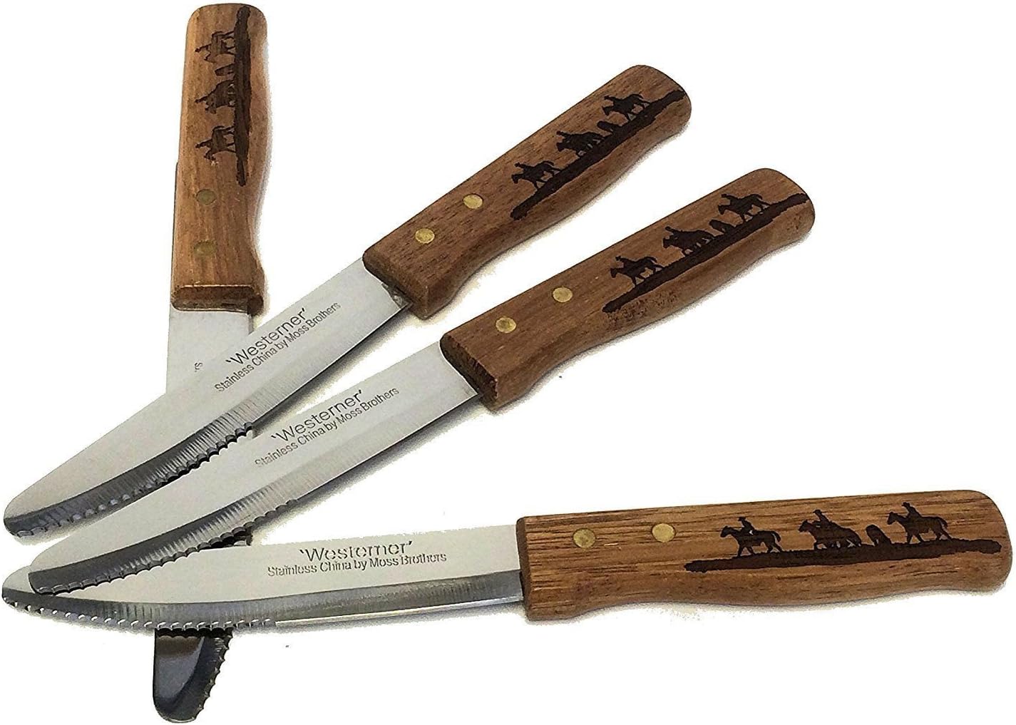 Country Western Steak Knives Cowboys on Horses Design Wood