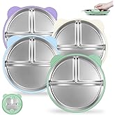 4 Pack Stainless Steel Baby Plates with Suction, 9” Divided Toddler Plates with Removable Silicone Sleeves for Kids Led Weaning Supplies, Non-Toxic Non-Slip Unbreakable Dishwasher Safe Dinnerware Set