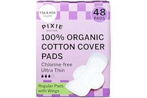 PIXIE CUP Pixie Organic Cotton Ultra Thin Pads with Wings for Women - Leak-Proof & Moisture-Wicking for Feminine Care - Compostable, Unscented Menstrual Pads - Regular Absorbency - FSA Eligible - 48 Count