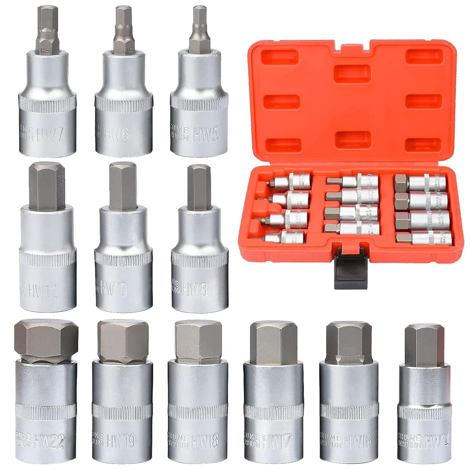 Drado 12pcs Allen Key Socket Set, Hex Bit Socket Set 1/2" Premium S2 Alloy Steel Drive Socket Set Metric Tool Kit for Home, DIY & Car Repair 5-22 mm