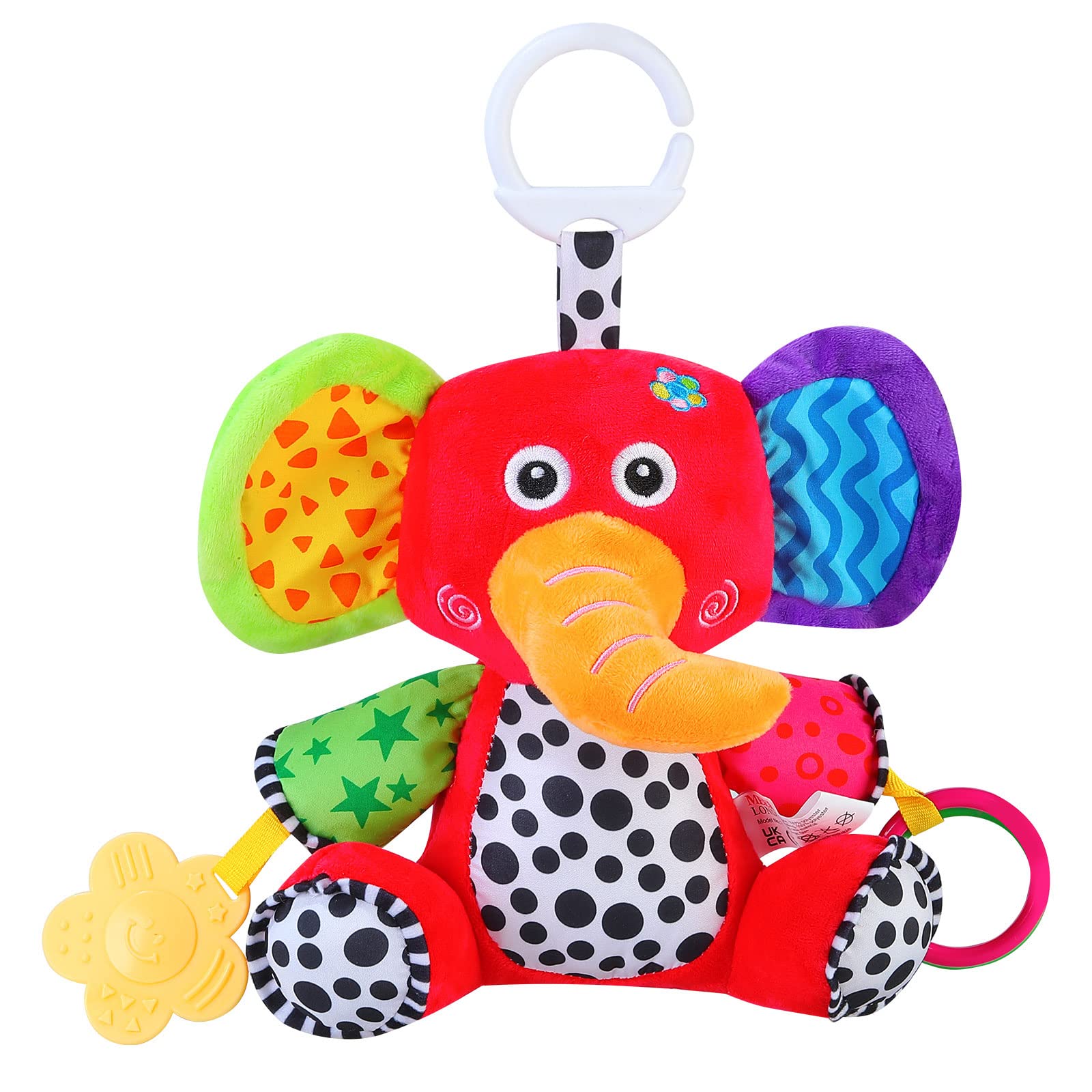 MEERO LONDON EP2206 Multi Colored Elephant Soft Newborn Activity Toy with Teether and Music,Baby PushChair and Pram Toy,Newborn Sensory Toy for Baby Boys and Girls from 0+ Months