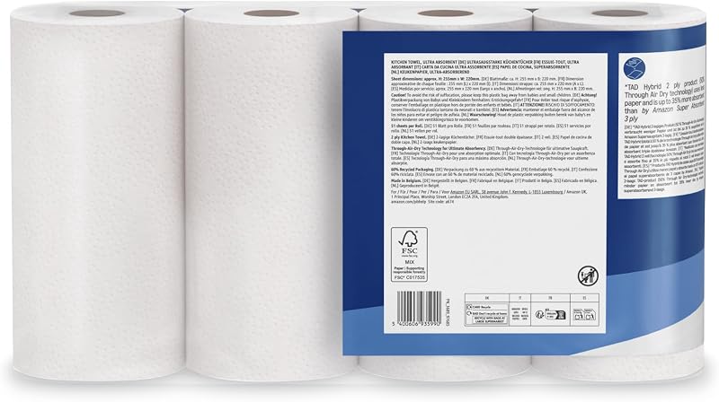 by Amazon Ultra-saugfähige TAD-Küchenrolle, 32 Rollen (8 Packungen à 4), 51 Blätter pro Rolle, (früher “Presto!”)