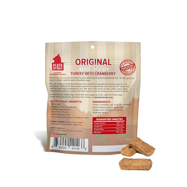 PLATO TURKEY REAL STRIPS NATURAL DOG TREATS – REAL MEAT – AIR DRIED – MADE IN THE USA – TURKEY & CRANBERRY, 3 OUNCES