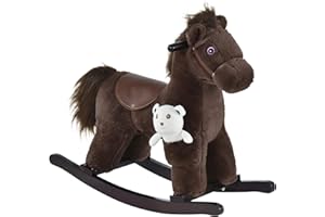 Qaba Kids Plush Ride-On Rocking Horse with Bear Toy, Children Chair with Soft Plush Toy & Fun Realistic Sounds, Brown