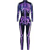 Panegy Women Men Skeleton Jumpsuit Adult Onesie 3D Skull Halloween Costume Romper Full Bodysuit Stretch Fit