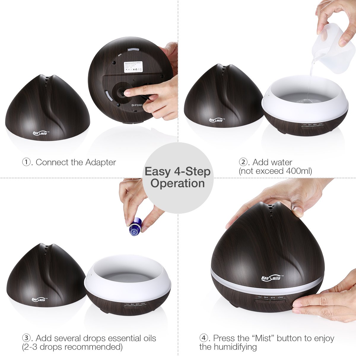 Housmile 400ml Aromatherapy Essential Oil Diffuser Ultrasonic Cool Mist Humidifier with 7 Color LED Lights Waterless Auto Shut-off, Wood Grain