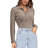 SuperPrity Long Sleeve Shirts for Women Spring Fashion V Neck Button Polo Sweaters Stretch Slim Fitted Knit Basic Tee Tops