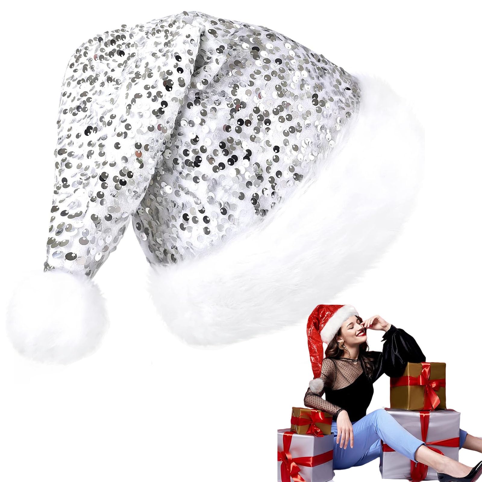 Sliver Sequin Santa Hat - Classic Velvet Plush Santa Claus Hat, Unisex Christmas Costume, Adults Xmas Cap, 35x45CM