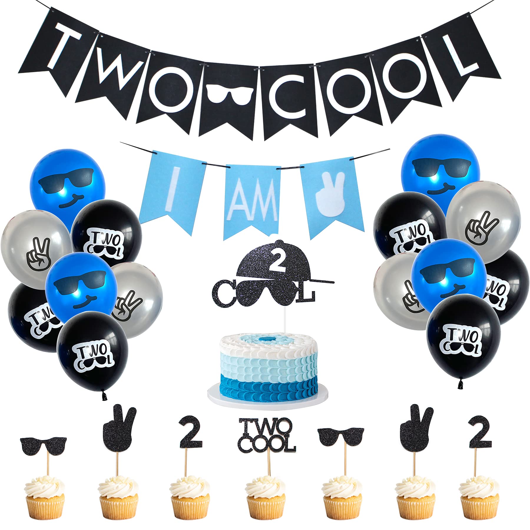 Photo 1 of Two Cool Birthday Party Decorations & Supplies - I AM TWO Banner, Balloons, Cake Topper for Little Man's 2nd Birthday