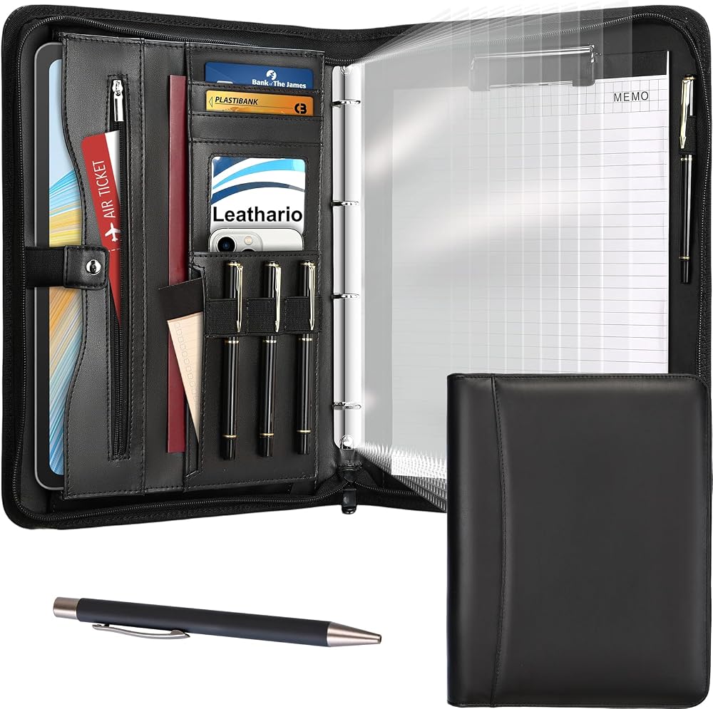 Leathario A4 Portfolio Folder 4-Ring Binder Notepad 10 Sheet Protectors