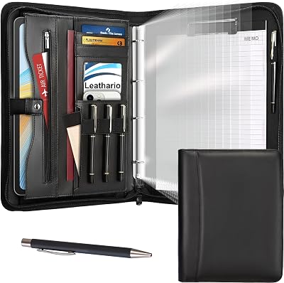Leathario A4 Portfolio Folder 4-Ring Binder Notepad 10 Sheet Protectors