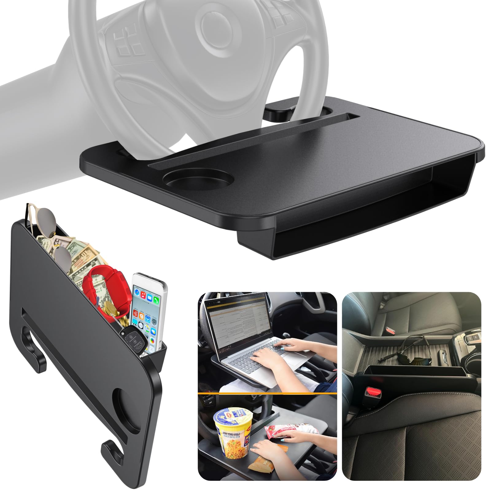 Photo 1 of 2 IN 1 Steering Wheel Tray with Car Seat Gap Filler Organizer | Car Food Eating Lunch Tray for Driver | Laptop Holder Office Desk | Between Seat Gap Storage Box - Car Gadgets & Roadtrip Essentials