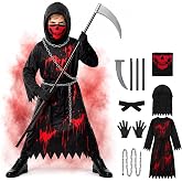 QIMYGIFT Scary Bloody Grim Reaper Costume for Boys, Kids Halloween Costume Set with Skull Face Mask Scythe Plastic Chains