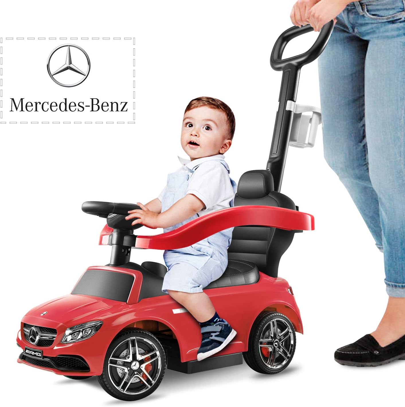 AuAg Toddler 4 Wheels Push Car, Foot to Floor Riding Toy for Children, 2 Modes, Convertible, Safety Bar, Cup Holder, Music, Retractable Foot Pedal, Storage, Gift for Children, Licensed by Benz (Red)