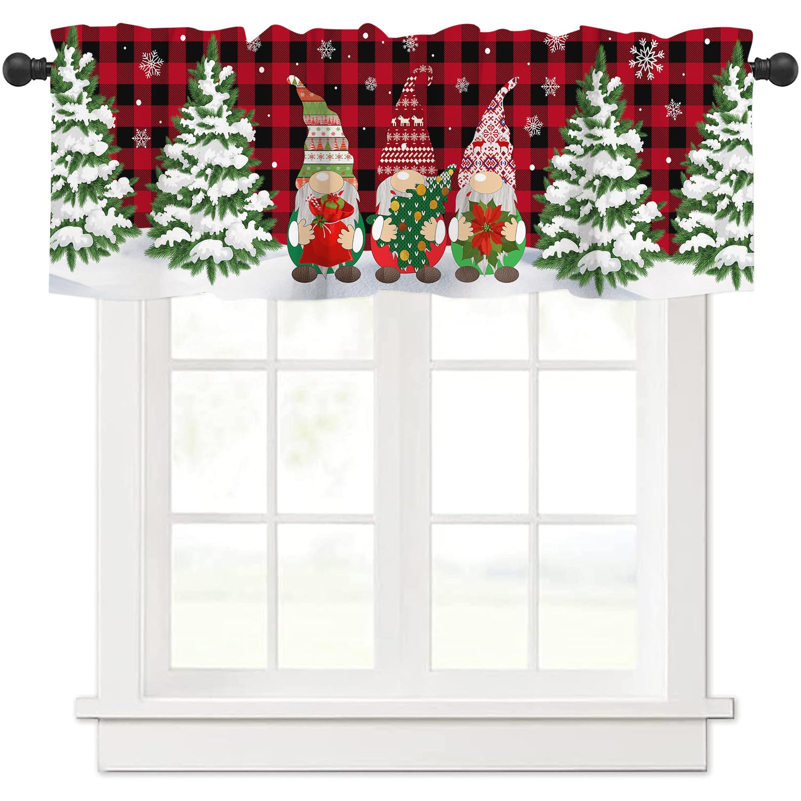 Abaysto Christmas Valance for Windows Christmas Gnome Window Toppers Valances Rod Pocket 1 Panel Xmas Tree Red Buffalo Plaid Window Treatments for Bedroom Kitchen Bathroom 45x137cm