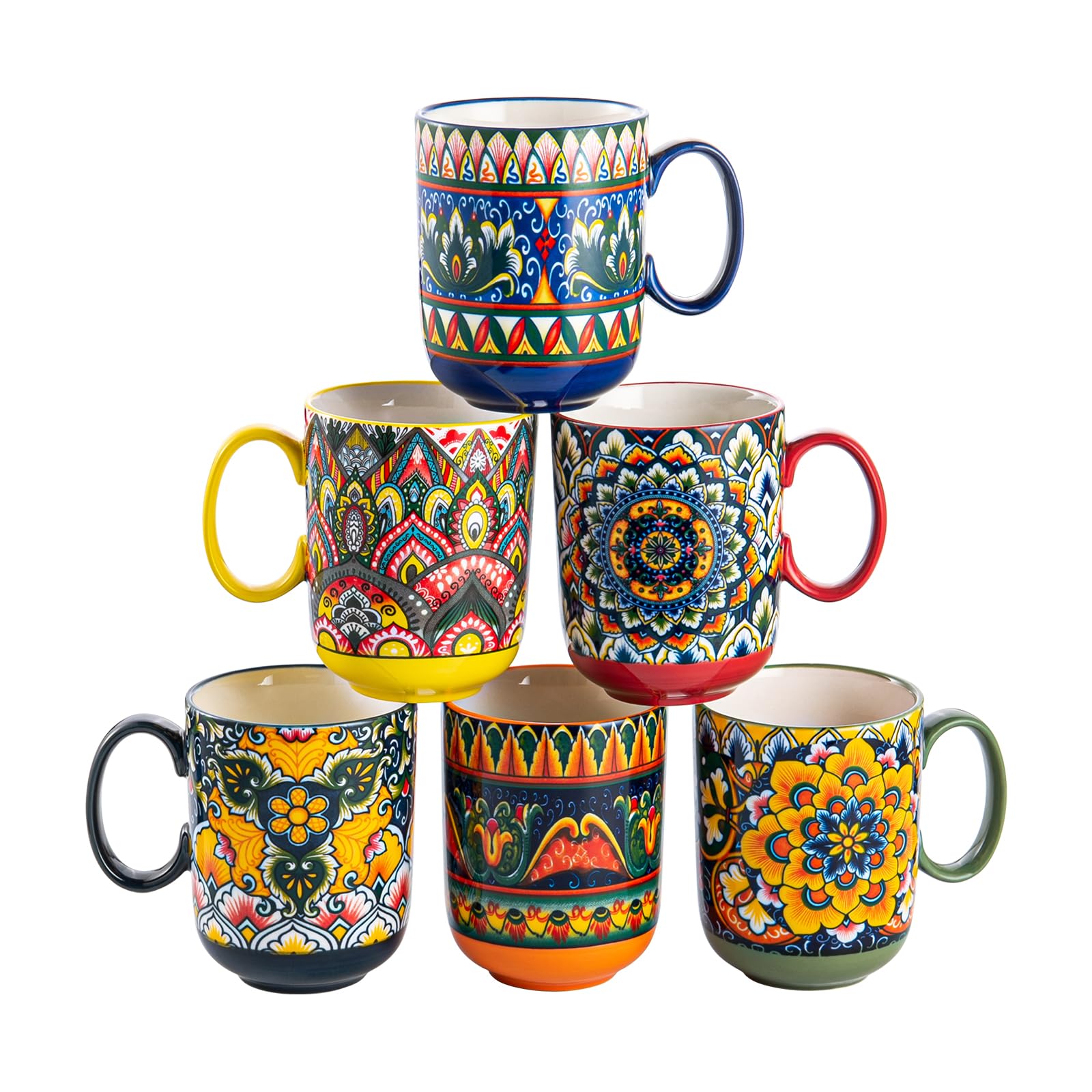 Photo 1 of Henten Home Porcelain Coffee Mug Set of 6, 14 oz Colorful Latte Cup with Handle, Boho Ceramic Mug for Hot Chocolate, Milk, Tea, Cappuccino, Cocoa, Microwave & Dishwasher Safe
