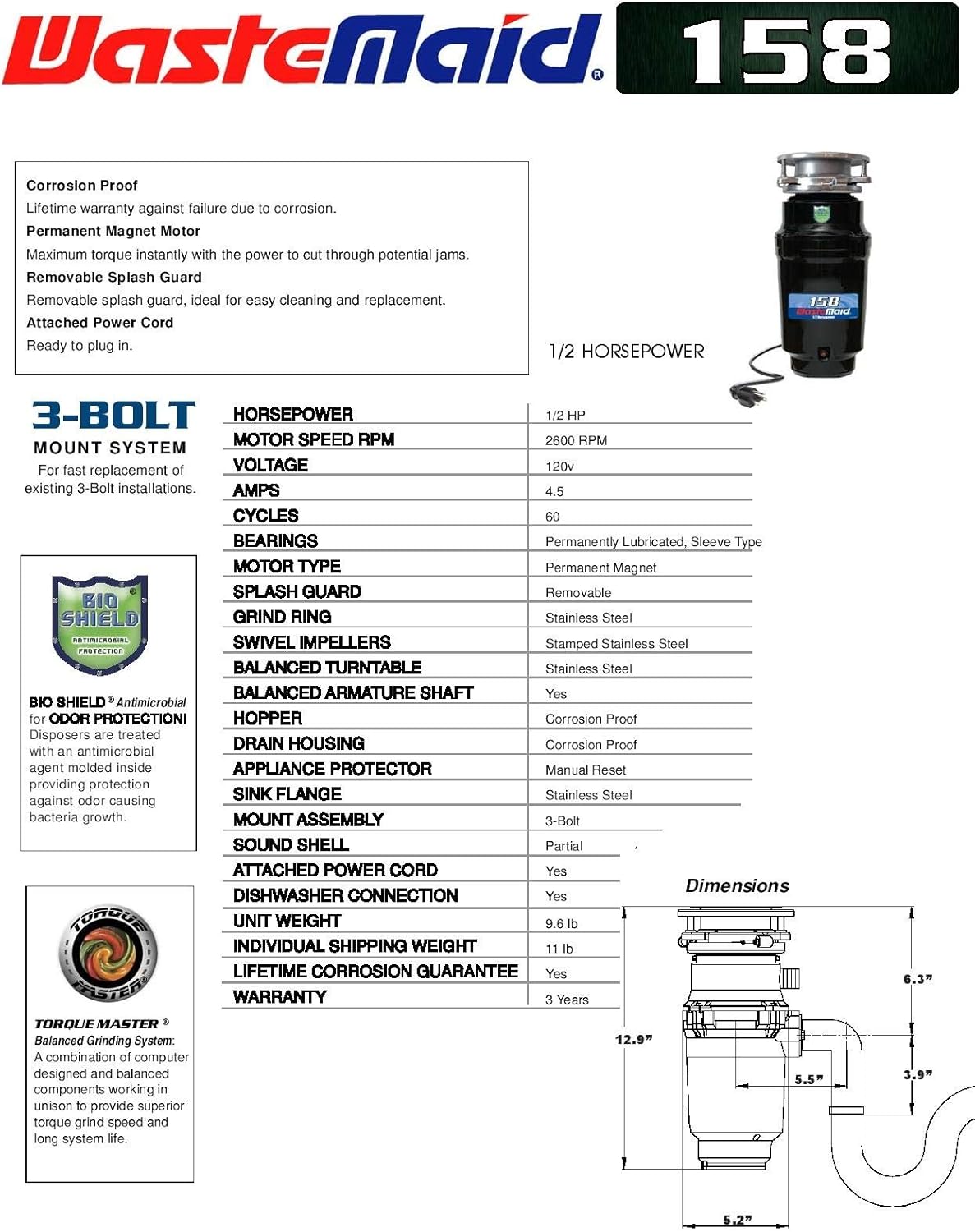 Waste Maid 10-US-WM-058-3B Garbage Disposal, 1/2 HP Economy, Black - - 
