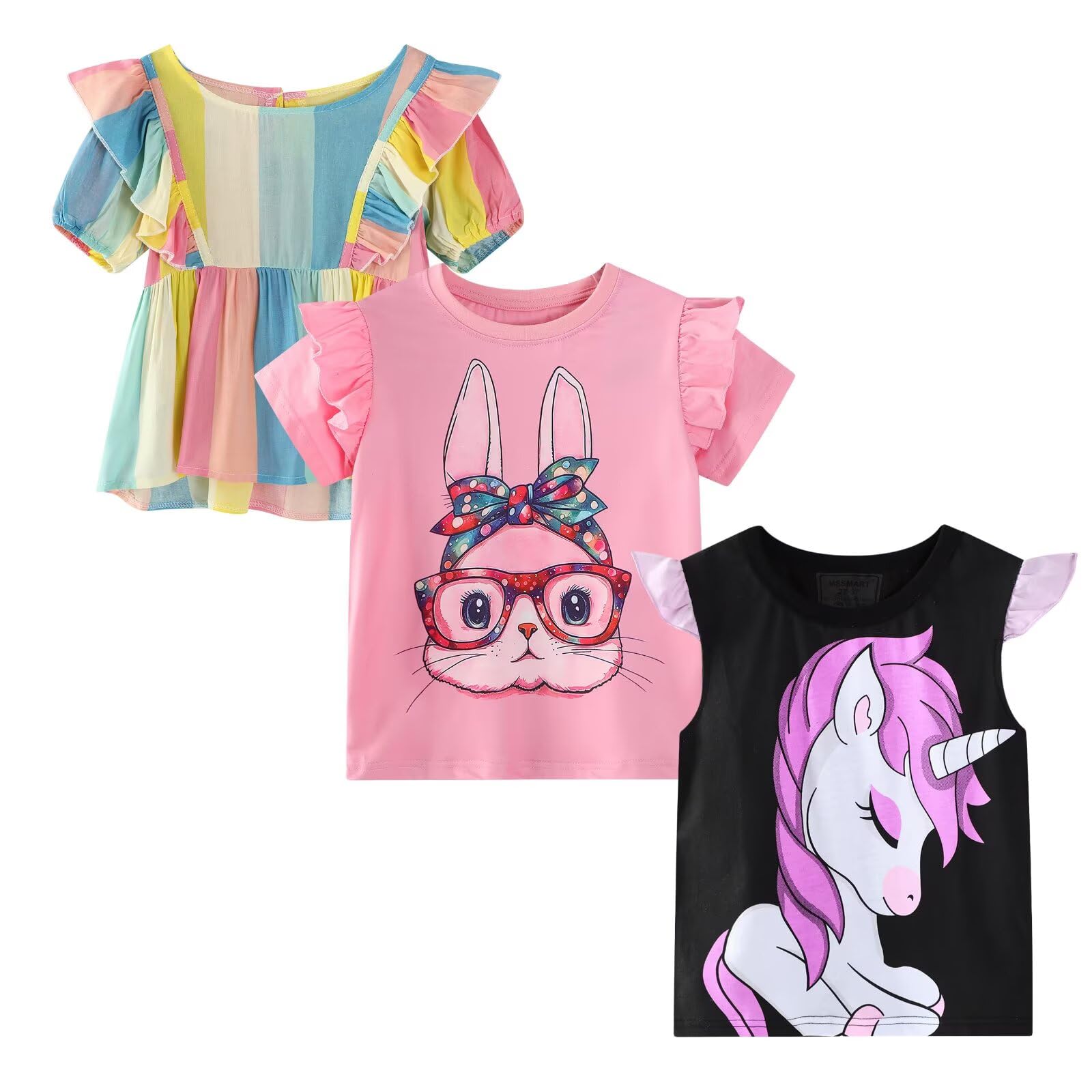Photo 1 of 4/3t. MSSMART Toddler Girl Shirt Summer Crewneck Tops Kids Short Sleeve Cotton Tee Top Cat Unicorn 3-Pack