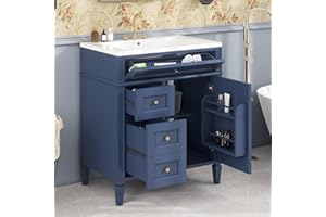 Linique 30" Bathroom Vanity with Sink Combo Set, Solid Wood Frame Modern Bathroom Storage Cabinet with 2 Drawers and a Tip-Out Drawer, Soft Closing Cabinet Door with Organizer, Blue