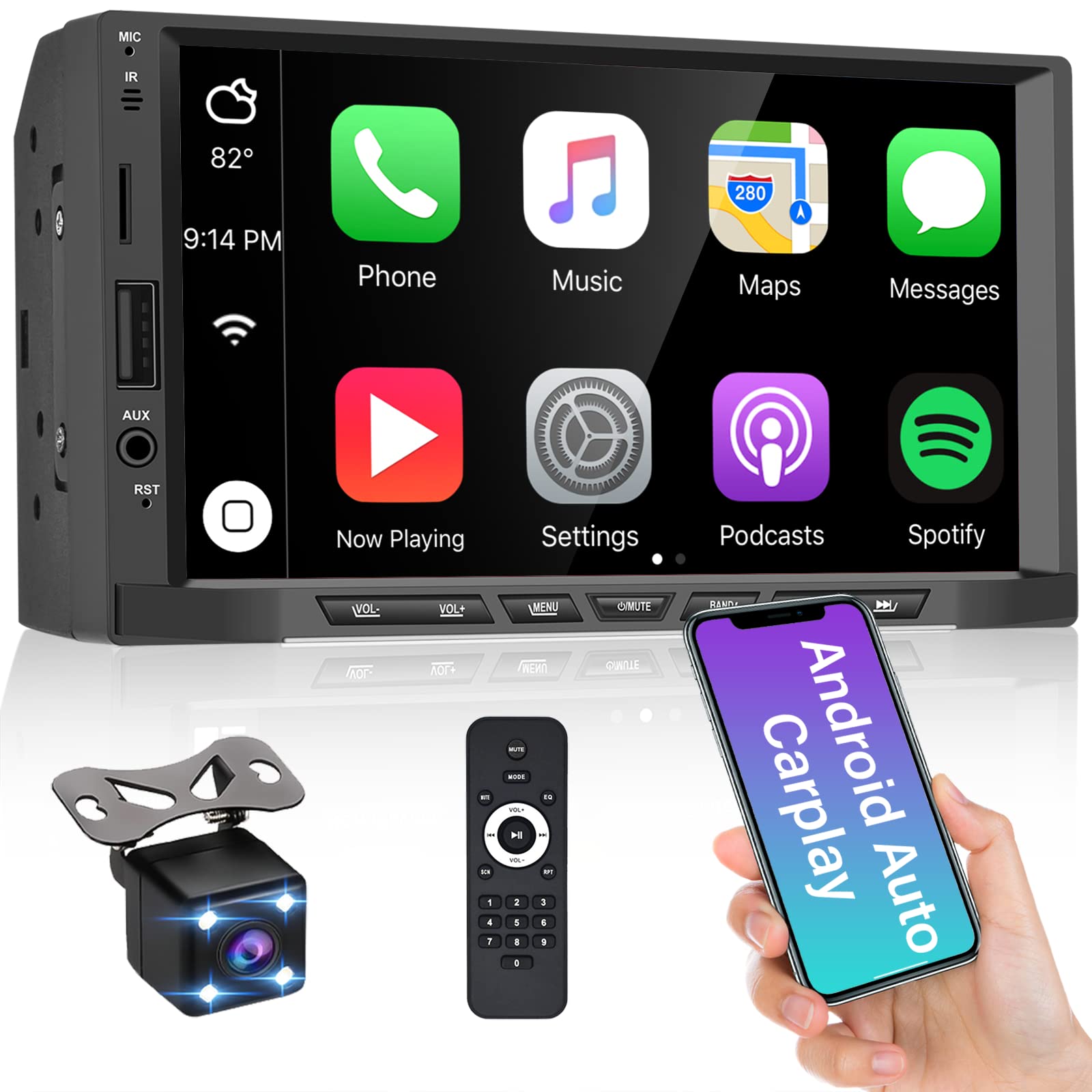 Hikity Double Din CarAutoPlay Car Stereo with 7 Inch Touch Screen with Carplay Android Auto Mirror Link(for Android/IOS) Car Radio Bluetooth FM Receiver Support BT AUX RCA USB SWC+ Reversing Camera