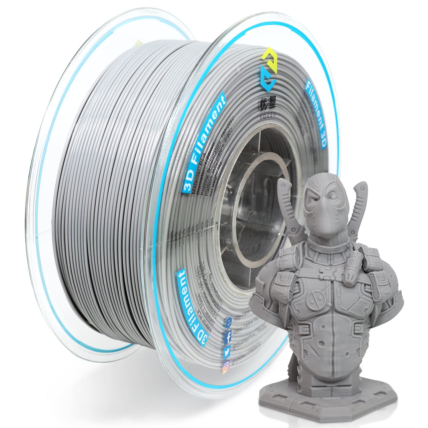 YOUSU PLA Filament 1.75mm Gray 1KG, 3D Printer