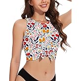 WOWENY Front Knot Bikini Crop Tops for Women Swim Tank Tops Padded High Neck Tankini Top Bathing Suit Swimsuit Top Only
