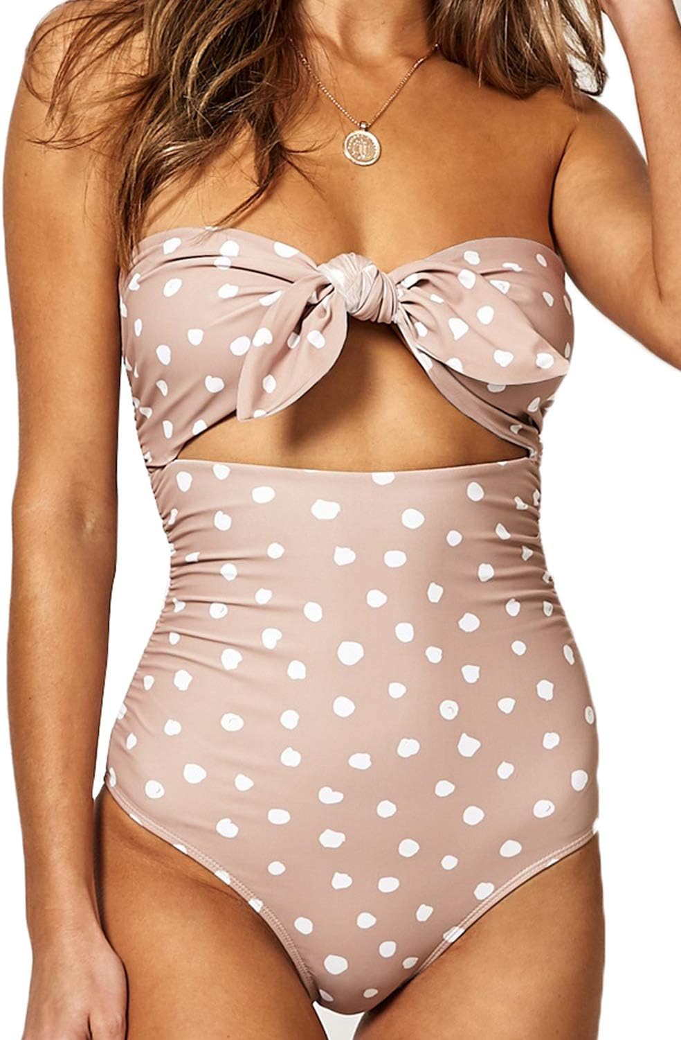 Women's Beandeau Tie Knot Front Cut Out High Waist One Piece Swimsuits