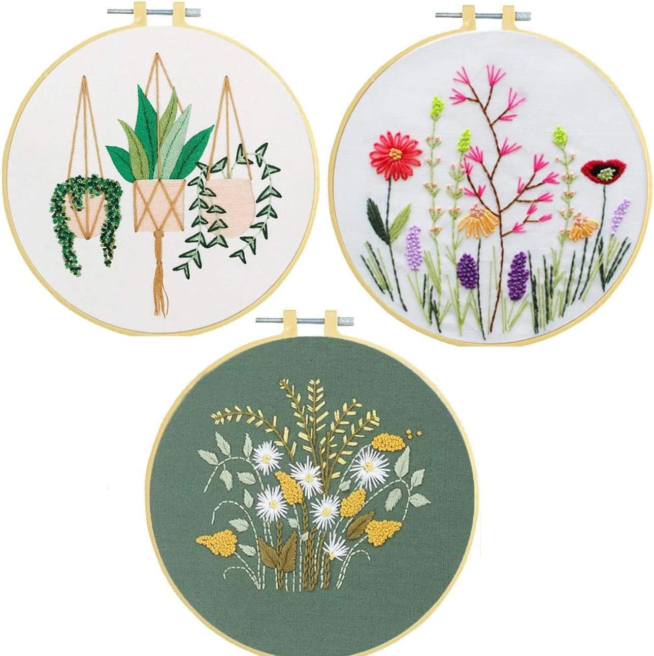 3 Sets Embroidery Starter Kit with Pattern and Instructions, Cross Stitch Kit Include 3 Embroidery Clothes with Floral Pattern, 3 Plastic Embroidery Hoops, Color Threads and Tools (3)