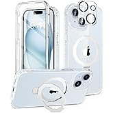 BANLEA Compatible with iPhone 15 Plus Case, Built-in Screen Protector & Seamless Stand, with Camera Lens Protector, Strong Magnetic Clear Phone Case, Full Body Protective Cover for 6.7" (Clear)