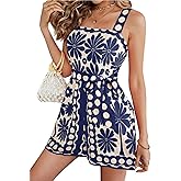 utcoco Womens 2025 Summer Rompers Sleeveless Floral Print High Waist Wide Leg Shorts Overalls Jumpsuit with Belt (Large, Blue)