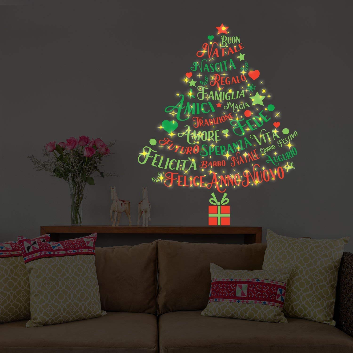 Wallflexi Christmas Decorations Wall Stickers " Magic Glow in Dark Italian Quotes Christmas Tree " Wall Murals Decals living Room Children Nursery School Restaurant Cafe Hotel Home Office Décor, multicolour