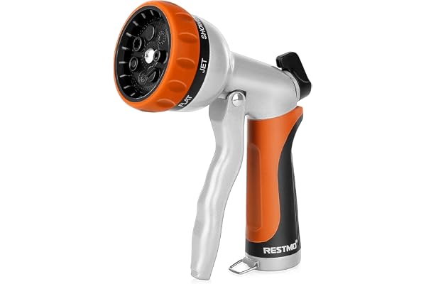RESTMO Garden Hose Nozzle, Heavy Duty Metal Water Hose Nozzle with 7 Adjustable Spray Patterns, High Pressure Hand Sprayer wi