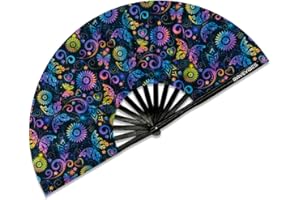 Ravevibes 13" Large Rave Fan Folding Hand Fan, Bamboo Festival Clack Fan Foldable UV Glow Edm Fans For Rave Outfits Accessories Performance Dance Party For Men Women, Butterfly