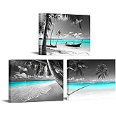 Biuteawal 3 Piece Black and White Beach Canvas Wall Art Turquoise Seascape Pictures Tropical Palm Tree Sailboat Painting Hawaii Artwork for Bedroom Bathroom Decoration Gallery Wrap Ready to Hang