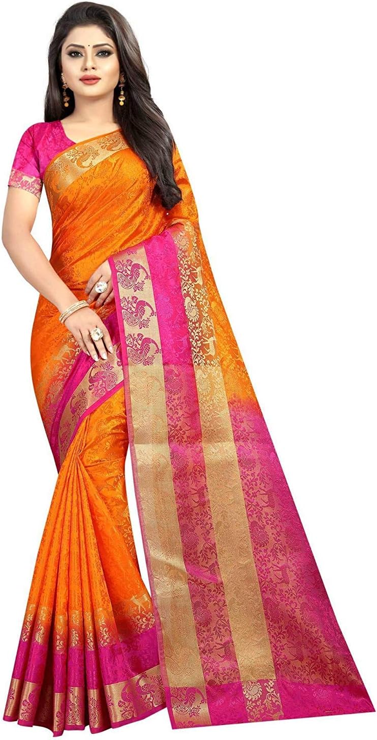 Nirja Creation Women Emboss Silk Banarasi Saree Orange