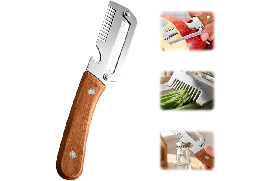 Multifunctional Vegetable Peeler with Wooden Handle, Stainless Steel Julienne Peeler and Potato Peeler, Durable Peelers for Kitchen, Fruit Carrot Skin Stripper, Bottle Opener, Trendy Kitchen Gadgets