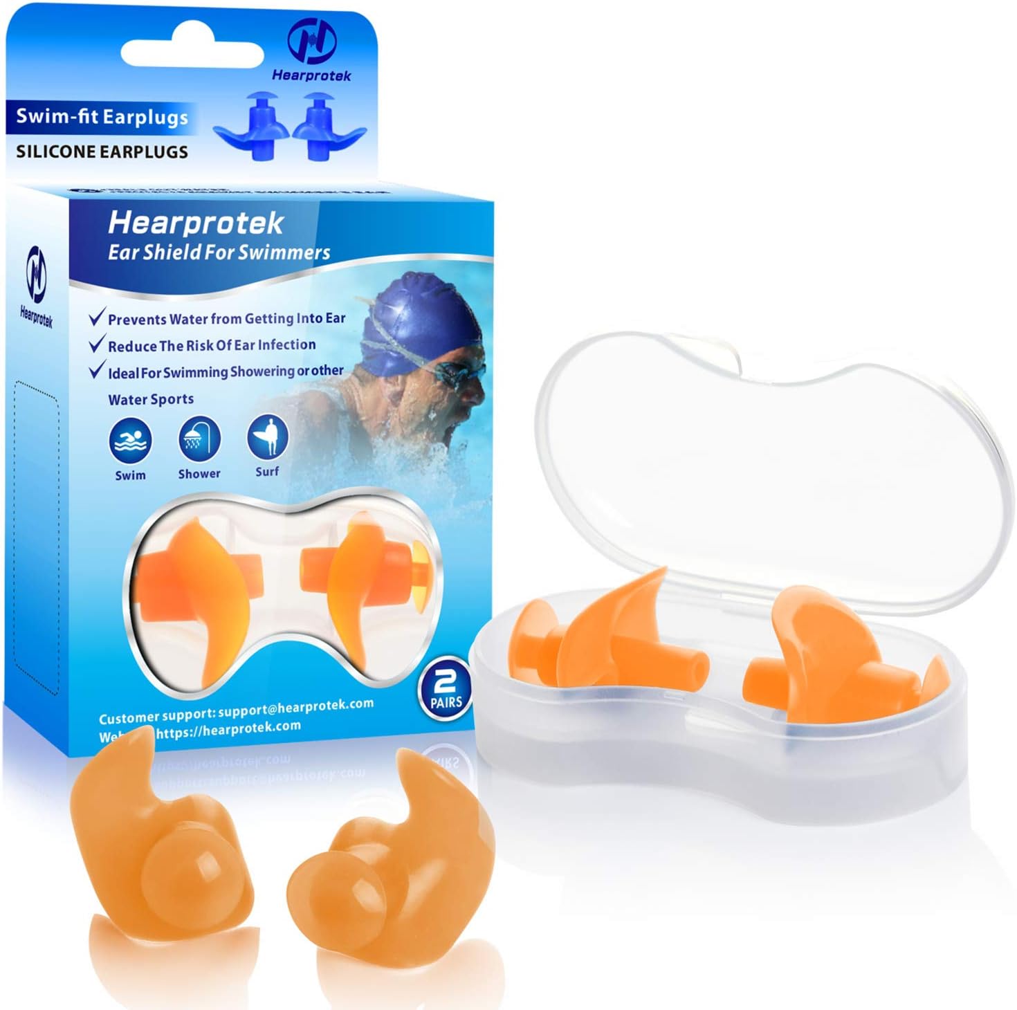 Hearprotek Swimming Ear Plugs, 2 Pairs Waterproof Reusable Silicone Ear Plugs for Swimmers Showering Bathing Surfing and Other Water Sports Adults Size (Orange): Health & Personal Care