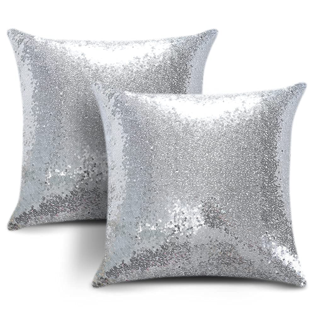 JOTOM Sequins Cushion Covers Set of 2 Luxury Comfy Satin Sparkle Throw Pillow Case Solid Color Cushion Case Square Pillow Covers Home Decor for Couch Wedding Bed Living Room Party (Silver,45x45cm)