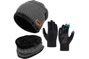 OOPOR Kid Hat Scarf Gloves Set - Winter Knit Beanie Cap Neck Warmer Touch Screen Mitten Boy Girl 5-10 Year