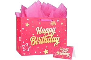 ZGORENDZ 14'' Large Gift Bag Gold Foil Happy Birthday Party Bag with Tissue Paper, Card, Envelope, Gift Tag for Birthday