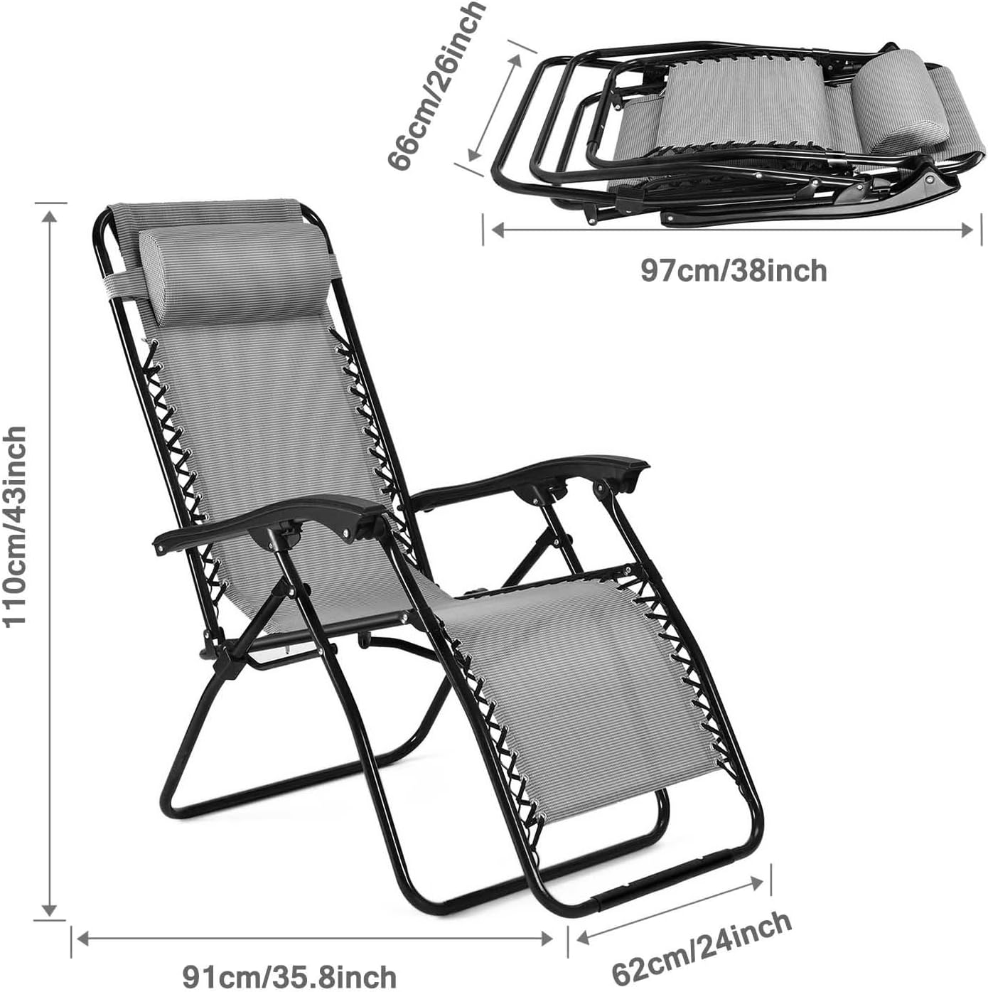 Flexzion Zero Gravity Chair - Anti Gravity Outdoor Lounge Patio Folding Reclining Chair and Textilene Seat with Footrest & Adjustable Pillow for Yard, Beach, Camping, Garden, Pool, Lawn Deck (Gray) : Garden & Outdoor