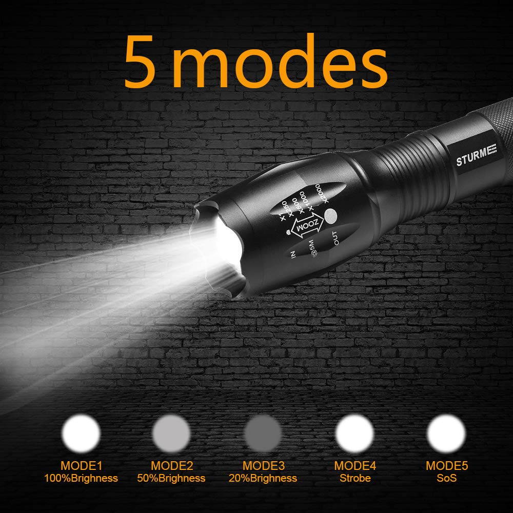 STURME Super Bright LED Torch High Lumens 1000 Feet Bright Distance Adjustable Focus LED Flashlight with 5 Modes IP65 Water-Resistant Perfect for Camping Outdoor Sports Home Use