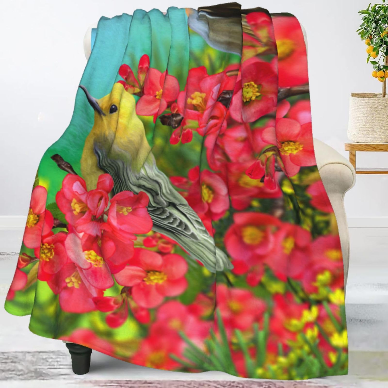 Jbofyee Spring Birds Blooming Flowers Throw