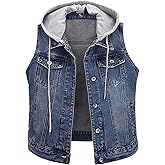 HaoMay Women's Casual Distressed Denim Vest Waistcoat with Removable Hood