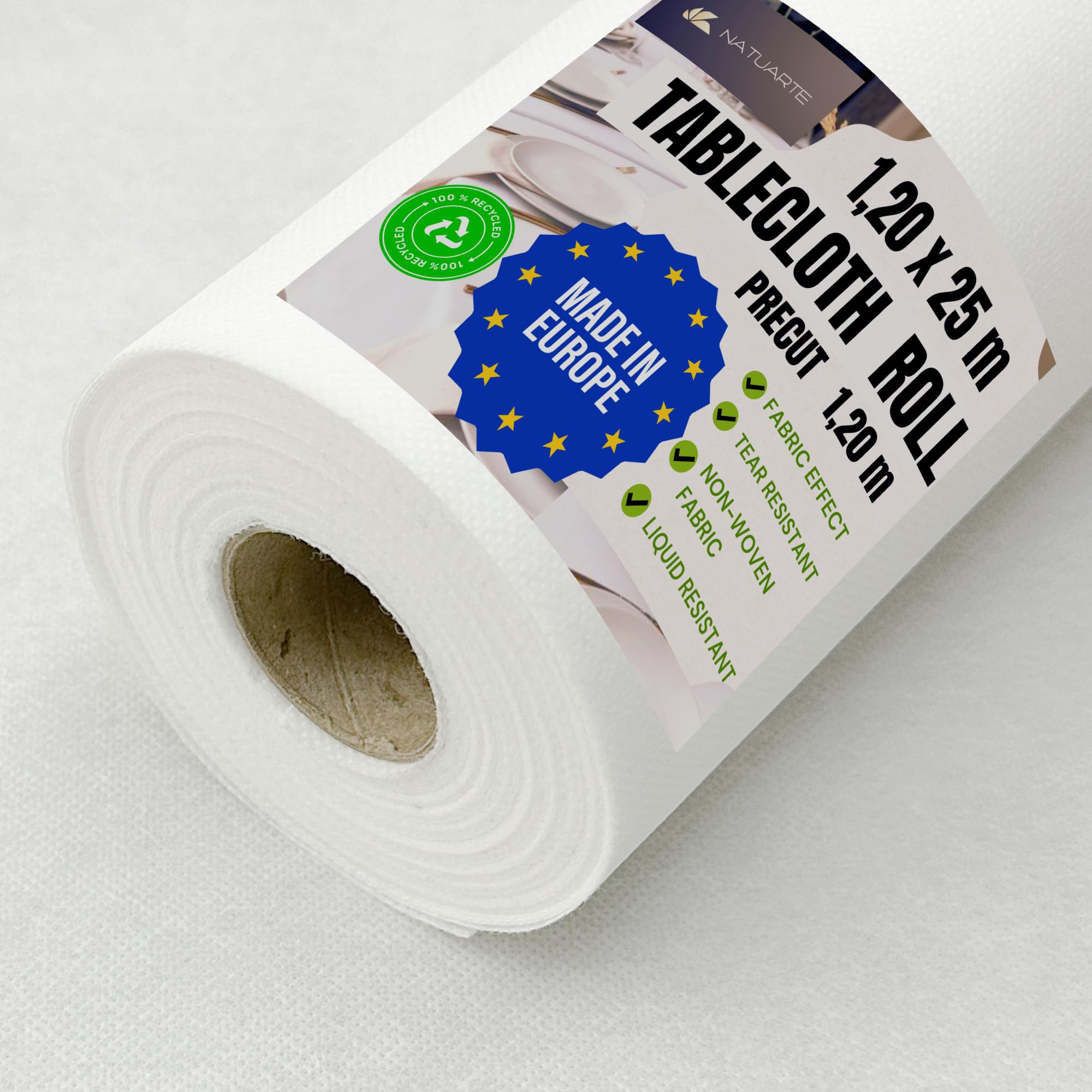 NATUARTE Tablecloth, 1.20 m x 25 m, Disposable Banquet Roll, Fabric Like Look and Feel, Roll for Parties, Celebrations, Birthdays, Events, Non Woven Fabric, White Color 1.20x25m