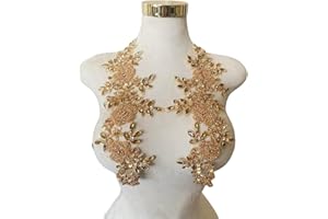 JPUMLEY.PKSN Jpumley. Pksn Handmade Rhinestones on Lace Applique Trim Sewing Beads Sequins Trim Patches for Wedding Dress Accessories 1Pair/Bag 6X14inches (Champagne)